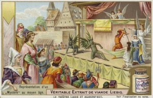 Tarjeta Liebig con una representación de un misterio medieval de French School