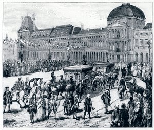 La vida bajo Luis XV: el rey llegando al Palacio de las Tullerías, donde la reina y el delfín lo esperan - en "París a través de los siglos" por Gerouillac de French School