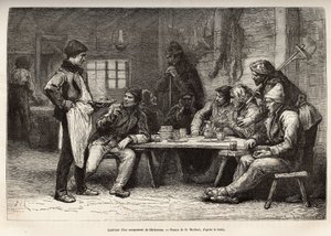 El interior de un campamento de leñadores en Ontario, grabado después de un dibujo de D.Maillard, ilustrando la excursión a Canadá y al Río Rojo del norte, por H. De Lamotte, en 1873, publicado en “Le tour du monde” 1875, editado por Edouard Charton, edici de French School