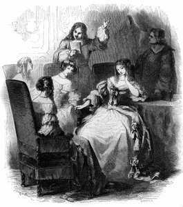 Salón literario: el poeta Jean Renaud de Segrais (1624-1701) en la corte de Ana María Luisa de Orleans de Montpensier (1627-1693). Grabado de 1856.