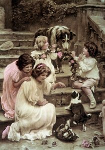 Niños jugando con perros Tarjeta postal coloreada de principios del siglo XX (foto) de French School