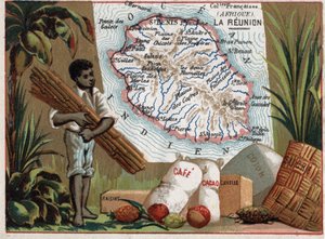 La isla de la Reunión, Francia (hoy departamentos de ultramar). Serie sobre las colonias francesas. Importación de café, uvas, algodón, canela, cacao y azúcar. Cromolitografía "el hilo geográfico", circa 1920. Colección privada de French School