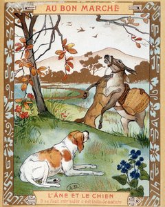 El asno y el perro, fábula de La Fontaine - etiqueta publicitaria de Bon Marché