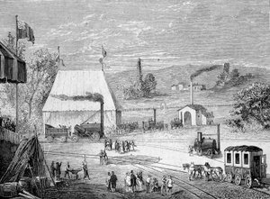 Competencia de locomotoras celebrada en Liverpool, octubre de 1829 - en "Álbum de Ciencia; eruditos ilustres; Grandes descubrimientos" 1896 de French School