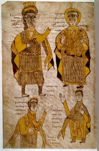 El rey Lodhanri de los alamanes rodea a un obispo, un duque y un conde. Manuscrito “Breviario de Alarico y otros textos jurídicos” (folio 197v), Francia, Valle del Loira (?), 803-814. París, B N