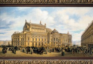 La ópera de París construida por Charles Garnier, vista de la Rue Auber de French School