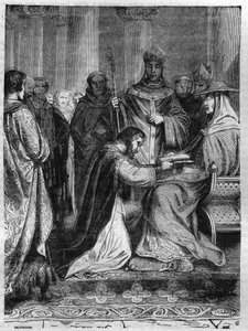 Lotario I (795-855) a los pies del Papa Adriano II (792-872). Grabado en 
