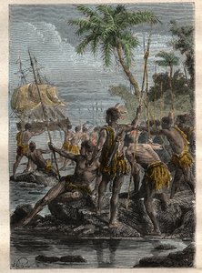 Louis Antoine, Conde de Bougainville (1729-1811) llegó a la Isla de los Lances (Polinesia Francesa) en 1768 - ilustración tomada de "Los Grandes Navegantes del siglo XVIII" de French School