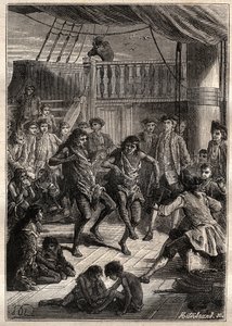 Louis Antoine, Conde de Bougainville (1729-1811) recibió a los habitantes de la Bahía Fortescue (Estrecho de Magallanes) en su barco "La Boudeuse" en 1768 - ilustración de "Los Grandes Navegantes del siglo XVIII" de French School