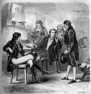 Louis Benoit (Louis-Benoit) Picard (1769-1828), escritor y comediante francés, representado en su estudio. Grabado de 1858. de French School