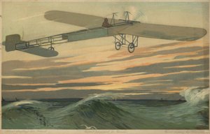 Louis Bleriot realiza el primer vuelo a través del Canal de la Mancha en un avión más pesado que el aire, 25 de julio de 1909 (litografía en color)