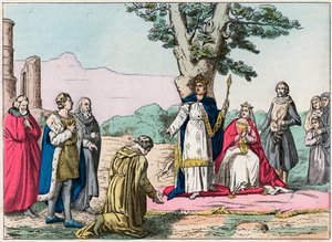 Luis IX, llamado “San Luis” (1214-1270) imparte justicia a todos sus súbditos en el Bosque de Vincennes - San Luis (1214-1270) imparte justicia - Grabado de finales del siglo XIX en “Nos Gires Nationales - Imágenes y relatos”