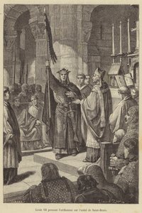 Luis VII tomando el oriflama en el altar de Saint-Denis de French School