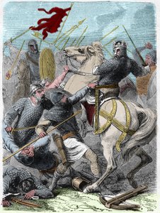Luis VI llamado "El Gordo" (1081 - 1137), en la batalla de Brenneville, intentó tomar Normandía del Rey Enrique I de Inglaterra en 1119. Grabado en "Historia de Francia en Cien Pinturas" de Paul Lehugeur, 1891.