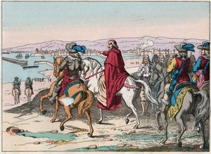 Luis XIII (1601-1643) y el Cardenal Richelieu en el sitio de La Rochelle, plaza de armas de los protestantes en octubre de 1628 - Cardenal de Richelieu y Luis XIII (1602-43) en el sitio de La Rochelle en octubre de 1628 - Grabado de finales del siglo XIX de French School