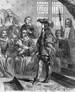 Luis XIV (1638 - 1715) tenía 17 años en 1652 ante el parlamento y obligó al presidente a disolver la asamblea. Grabado en "Histoire De France En Cent Peintures por Paul Lehugeur" 1891. de French School