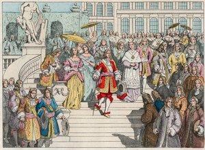 Luis XIV (Luis 14) y su corte en Versalles - Luis XIV de Francia y su corte en Versalles - Grabado de finales del siglo XIX en “Nos Gires Nationales - Imágenes y relatos” de French School