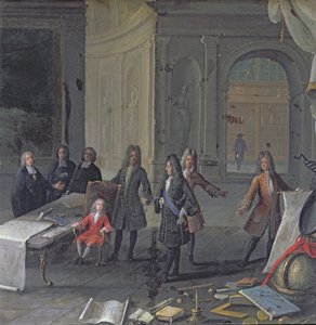 Luis XIV asistiendo a una lección de su bisnieto, el futuro Luis XV, c.1715 de French School