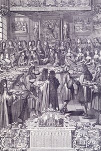 Luis XIV, amor y deleite de su pueblo, grabado del Almanaque de French School