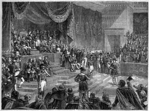 Luis XVIII y el establecimiento de la Monarquía Constitucional - Carta Constitucional del 4 de junio de 1814 - Luis XVIII preside la apertura de la sesión de las Cámaras el 4 de junio de 1814 en el Palais Bourbon en París - en “Histoire de l