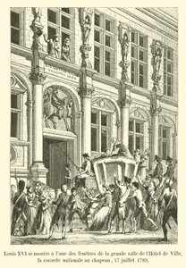 Luis XVI se muestra en una de las ventanas de la gran sala del Hôtel de Ville, con la escarapela nacional en el sombrero, 17 de julio de 1789 de French School
