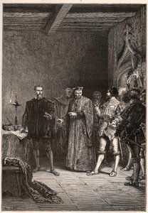 Luis de Berquin (1485-1529), caballero y humanista, reformador religioso, liberado por Jean de la Barre (1523-1533) preboste de París - Luis de Berquin (izquierda) liberado de prisión por Jean de la Barre - grabado de “L