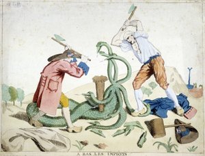 Bajos impuestos: el Tercer Estado derrotando el impuesto - "Hydra de lerne" - una caricatura revolucionaria, circa 1789 de French School