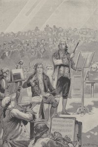 Ludwig van Beethoven dirigiendo una orquesta a pesar de su sordera (grabado) de French School