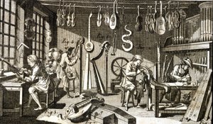 Taller de lutier. Grabado - en la Enciclopedia de Diderot y Alembert de French School