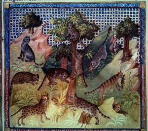 Felinos salvajes linces en las montañas. Miniatura de "El libro de la caza" de Gaston III Phoebus, conde de Foix, señor de Bearn (1331-1391) de French School