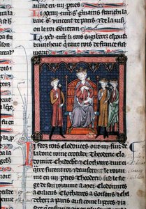 MS.782 Childeric II (c.650-675), Clodomir (c.495-524) y posiblemente Teodorico, representados bajo la protección del Rey Clotario I (c.497-561), sentados en un trono, miniatura de las Crónicas de Saint-Denis