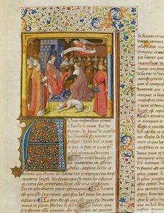 MS 246 f.1r Raoul de Presles presentando su traducción a Carlos V (1338-80) de La Ciudad de Dios de San Agustín, traducido por Raoul de Presles (1316-82) c.1400-50 de French School
