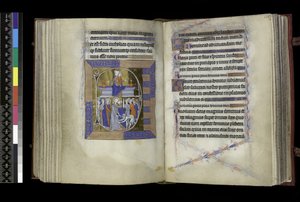 MS 300 f.177v-178r, Maitines, Virgen y Niño sentados entre dos jarrones en un banco (arriba); Traición de Cristo, con Judas besando a Cristo, y San Pedro cortando la oreja de Malco (abajo), del Salterio y Horas de Isabel de Francia, París, c.1265-70 de French School