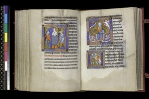 MS 300 f.201v-202r, Sufragio a San Juan y Sufragio a los Santos Inocentes, del Salterio y Horas de Isabel de Francia, París, c.1265-70 de French School