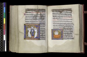 MS 300 f202v-203r, Sufragio a San Denis y Sufragio a San Eustaquio, del Salterio y Horas de Isabel de Francia, París, c.1265-70 de French School
