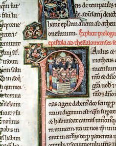 MS 3 Fol. 291v La fuga de San Pablo de Damasco, letra inicial iluminada P, siglo XIII, de la Biblia de Avranches de French School
