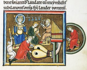 MS CXXXVII fol. 149r, Rey David sosteniendo el salterio y músicos tocando, del Salterio de Santa Isabel (temple y hoja de oro sobre vitela)