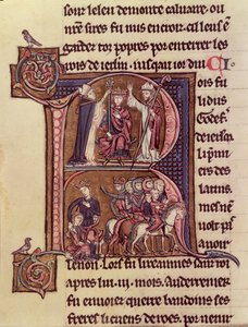 Inicial historiada R que representa al Rey Balduino I de Flandes (1171-1205) siendo coronado como el Emperador Latino en 1204 y su generosidad hacia una mujer turca enviando a su hijo de French School