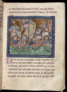 MS Marlay Add 1 f.86 Página de texto con iluminación de una batalla naval, de De Re Militari, c.1270 de French School