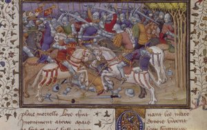 MS Royal 20 B.XX fol.16v Derrota de Felipe por Pausanias, con caballeros montados luchando, de 
