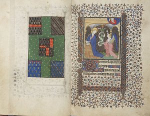 MS Widener 4, ff.26v-27r, Escudo de armas y la Anunciación, de un Libro de Horas, uso de Rennes, c.1405 de French School