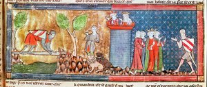 M. 806 f.166 Lancelot demuestra su amor por Ginebra cruzando un río con un puente de espada afilada, del Roman de Lancelot du Lac, 1344