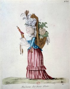Madame de los Tres Estados. Una mujer elegantemente vestida y llevando una canasta de frutas y verduras representando los tres estados en la época de la Revolución Francesa. Grabado de 1789. Biblioteca del Arsenal, París de French School
