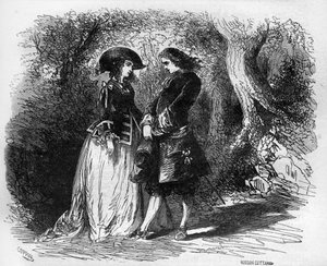 Mademoiselle de Pons conoció a su joven amante Malicorne alrededor de 1653. Grabado en 