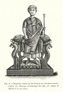Magistrado romano del Bajo Imperio en una silla curul; según los Melanges d