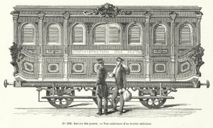 Carro de correo en los ferrocarriles franceses (grabado)