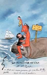 Mais oui, mon garcon, je veux bien te le preter..., caricatura que representa a Zola y el Diablo en la Isla del Diablo debatiendo el Caso Dreyfus de French School