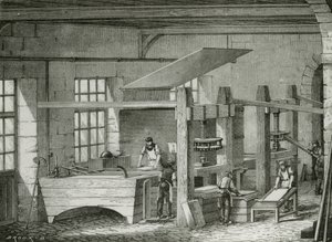 Fabricación de papel a mano tamizando la pasta en formas. Grabado c1870. de French School