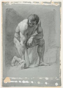 Academia masculina, arrodillado, inclinado hacia adelante sobre una roca de French School