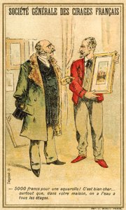 Hombre regateando el precio de una acuarela con un artista de French School